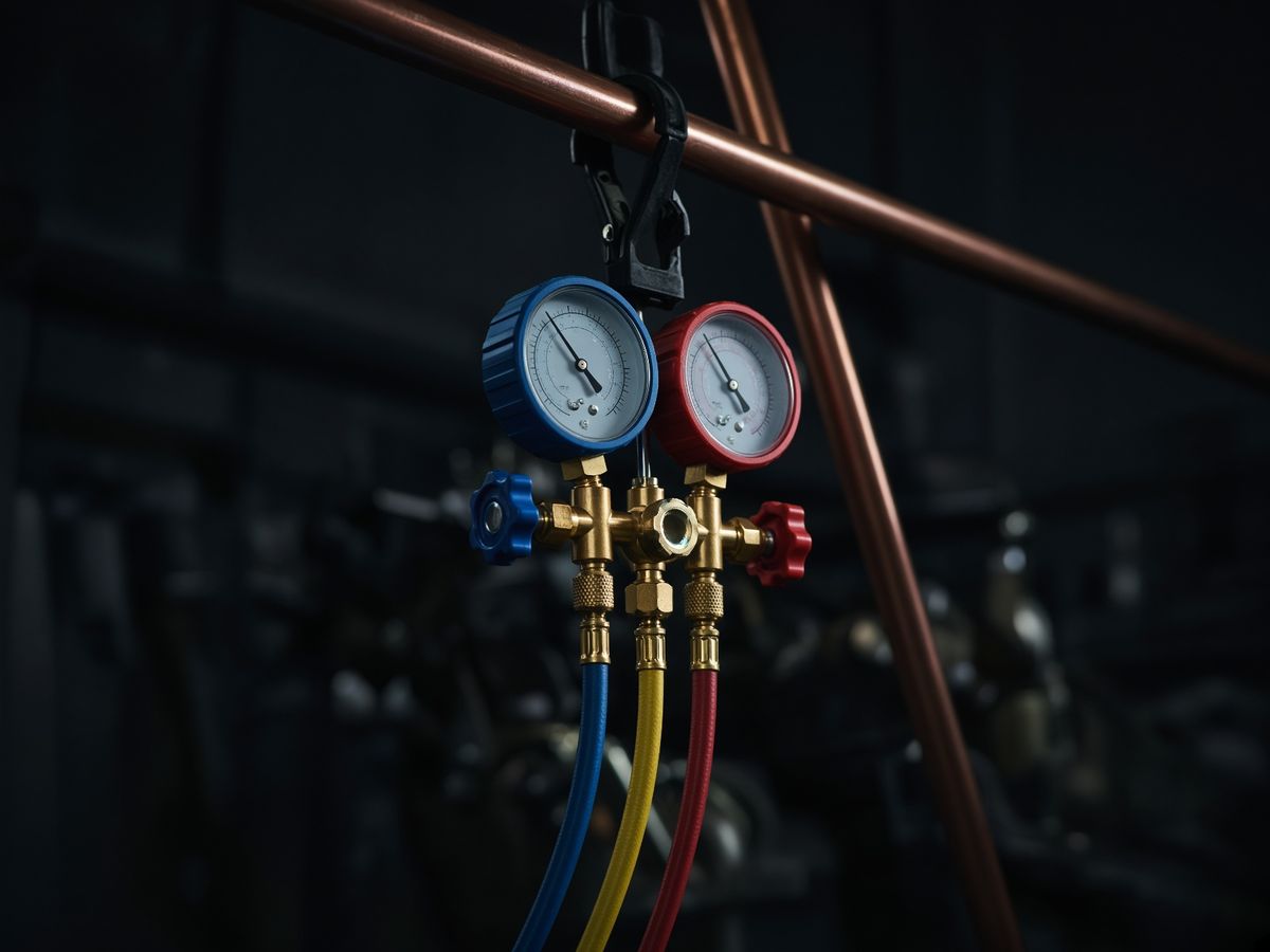 Refrigerant manifold gauges nga asul ug pula, naay asul, dalag ug pula nga hose, nakabitay sa copper pipe