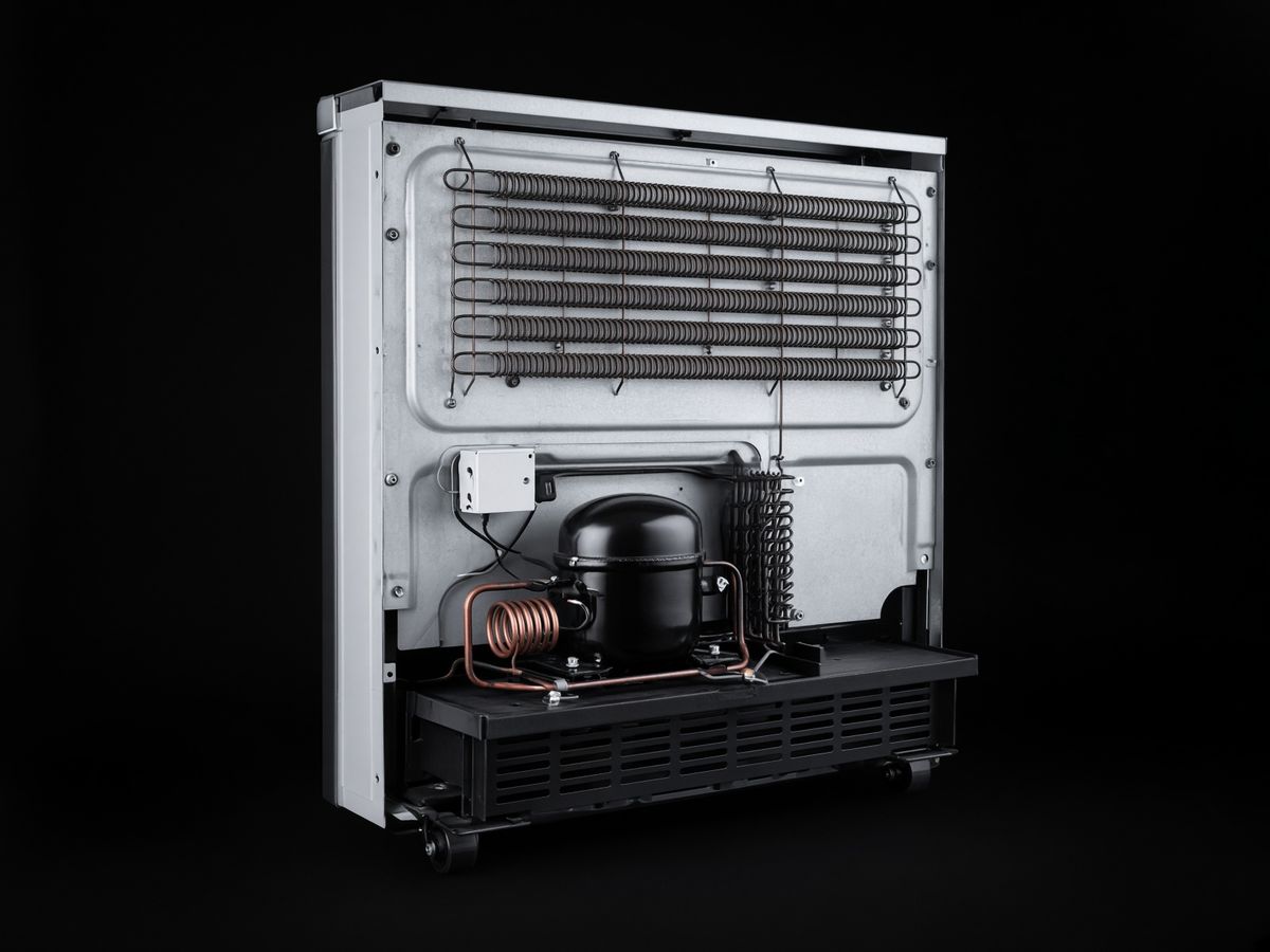 Likod sa refrigeration unit: condenser coil, compressor ug copper tubing